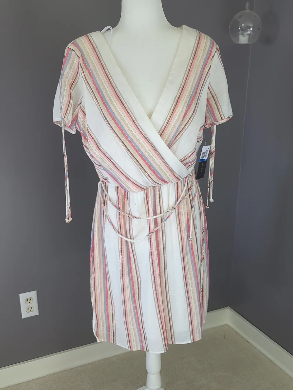 City Studio Cream Wrap Dress with Stripes and Gold Detail